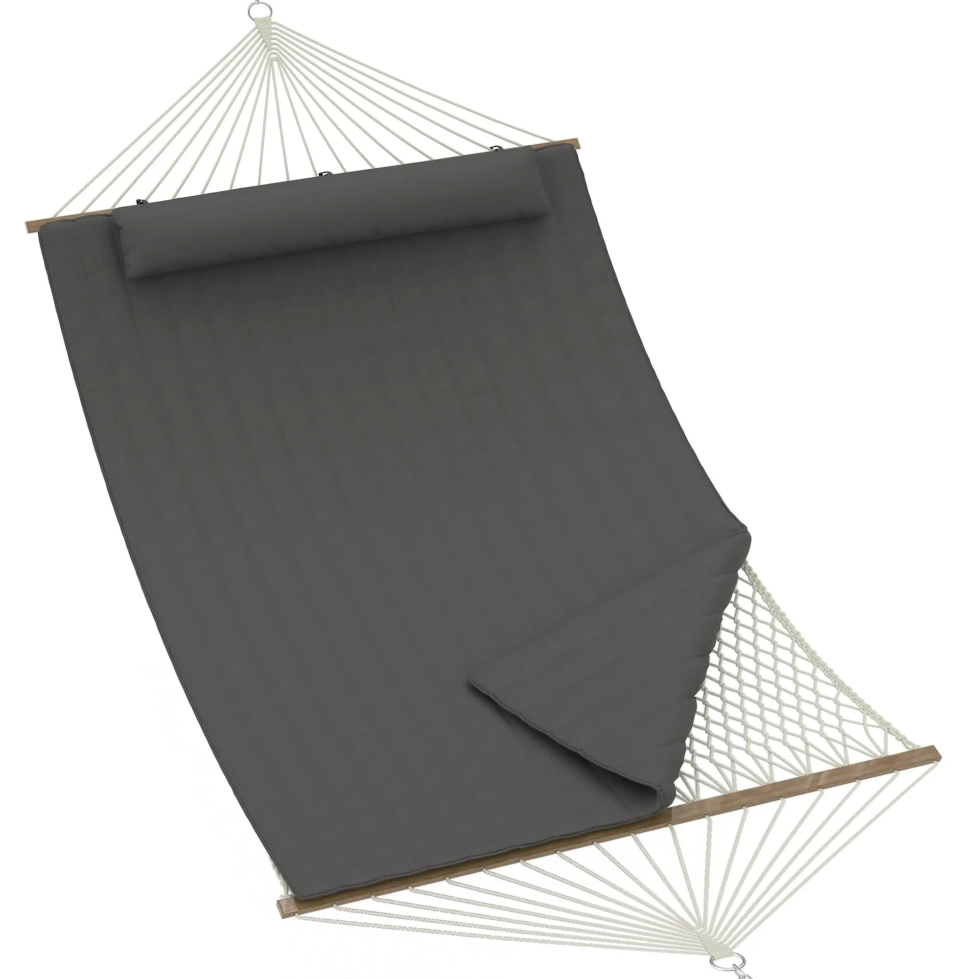2 Person Outdoor Hammock with Stand, Cotton Rope Hammock with Polyester Pad, Adjustable Steel Frame, 2-in-1 Hammock for Patio, Backyard, Garden, Beach