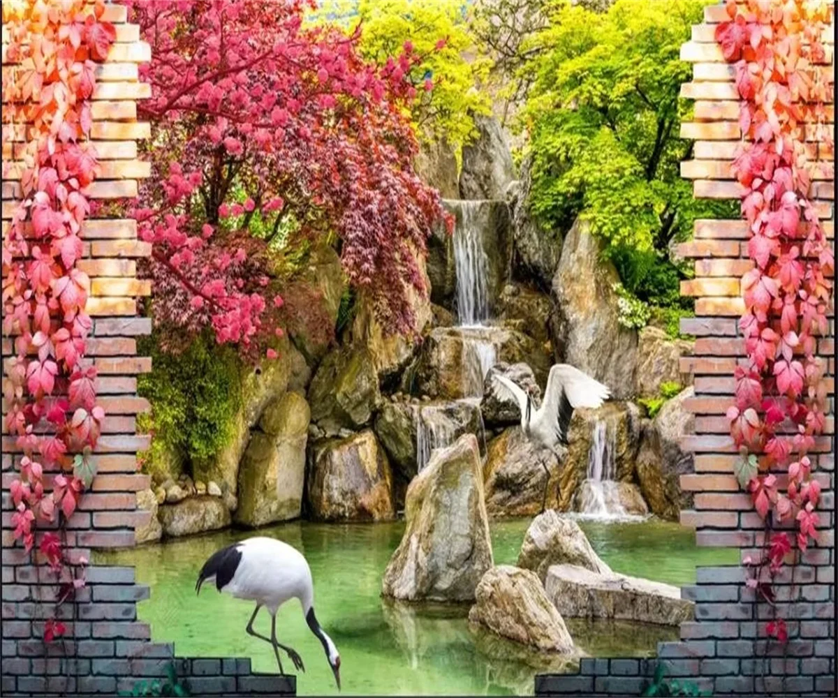 

3D Bamboo Waterfall Peony Landscape Bamboo Forest mural Custom Size Wallpaper Green Tree Jungle Decoration Painting 3d wallpaper