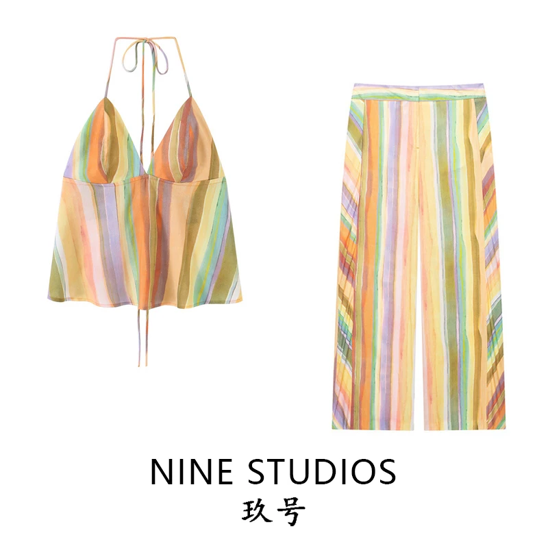 NINE ZAR Women's Casual Striped Neck Hanging Long Pants Set Short Sleeve Top Bottoms Matching Summer Fashion Outfit