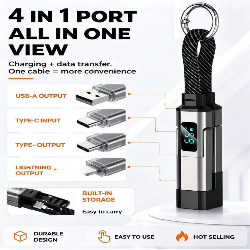 4 in 1 Key Chain Digital Display Four-in-one PD Fast Charging Cable, Suitable for Apple and Huawei Type-C 5A Mobile Phone Data C
