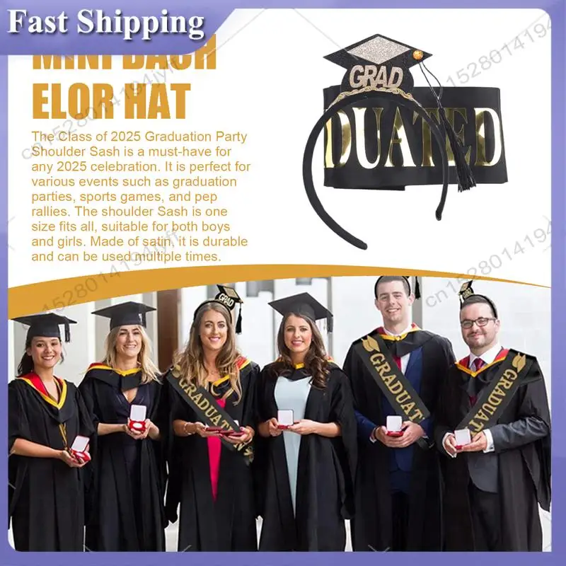 

-ABDH 1Set Grad Cap Headband Graduated Satin Sash 2024 Graduation Party Decoration Supplies Photo Props Mini Bachelor Hat