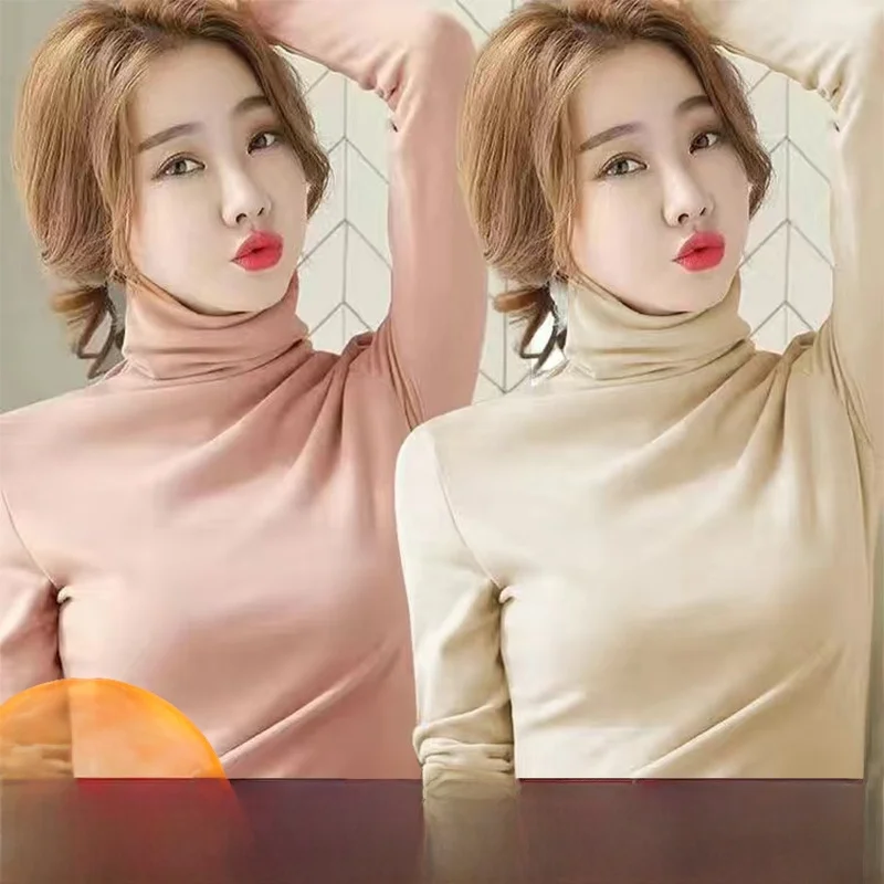 

Double-Sided Fce High-Ne Warm Base irt Long Sve Women's Top Slim Fit Autumn Winter T-irt Inner Wear Fem Upperwear