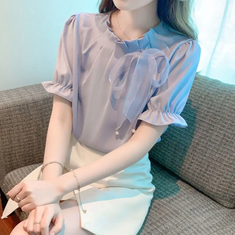 Oversized Elegant Bow Solid Color O-neck Short Sleeve Blouse Ladies All-match Lacing Chiffon Shirts Women Clothes Pleated Tops