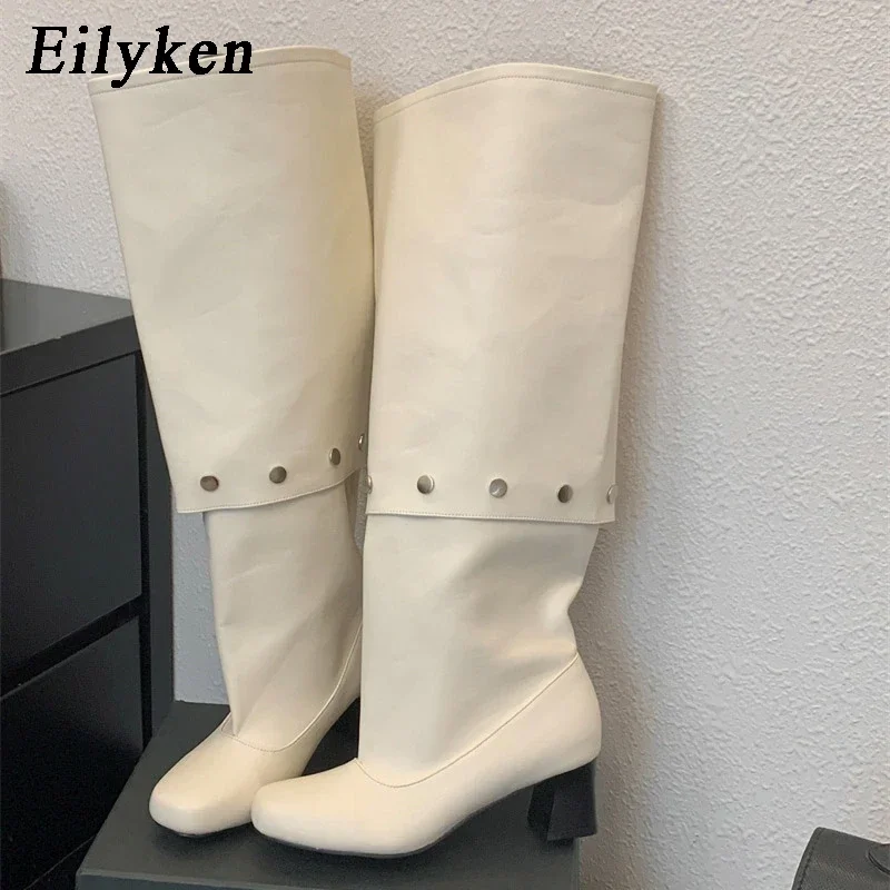 Eilyken Fashion Design Button Combination Splicing Women Knee-High Boots Autumn Winter Round Toe Square Low Heels Banquet Shoes