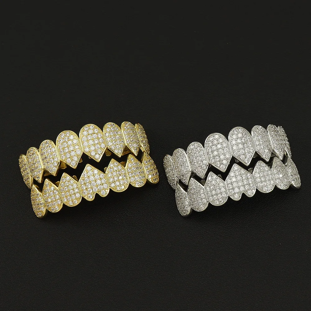 Hip Hop Full Iced Out CZ Steine Zähne Grillz Caps Kubikzircon Top & Bottom Charm Grills Set für Männer Frauen Schmuck Geschenk