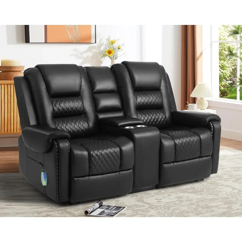 Large Massage Recliner Loveseat with Lumbar Heating, PU Leather Reclining Sofa Chairs, Ergonomic Living Room Chairs with Cup