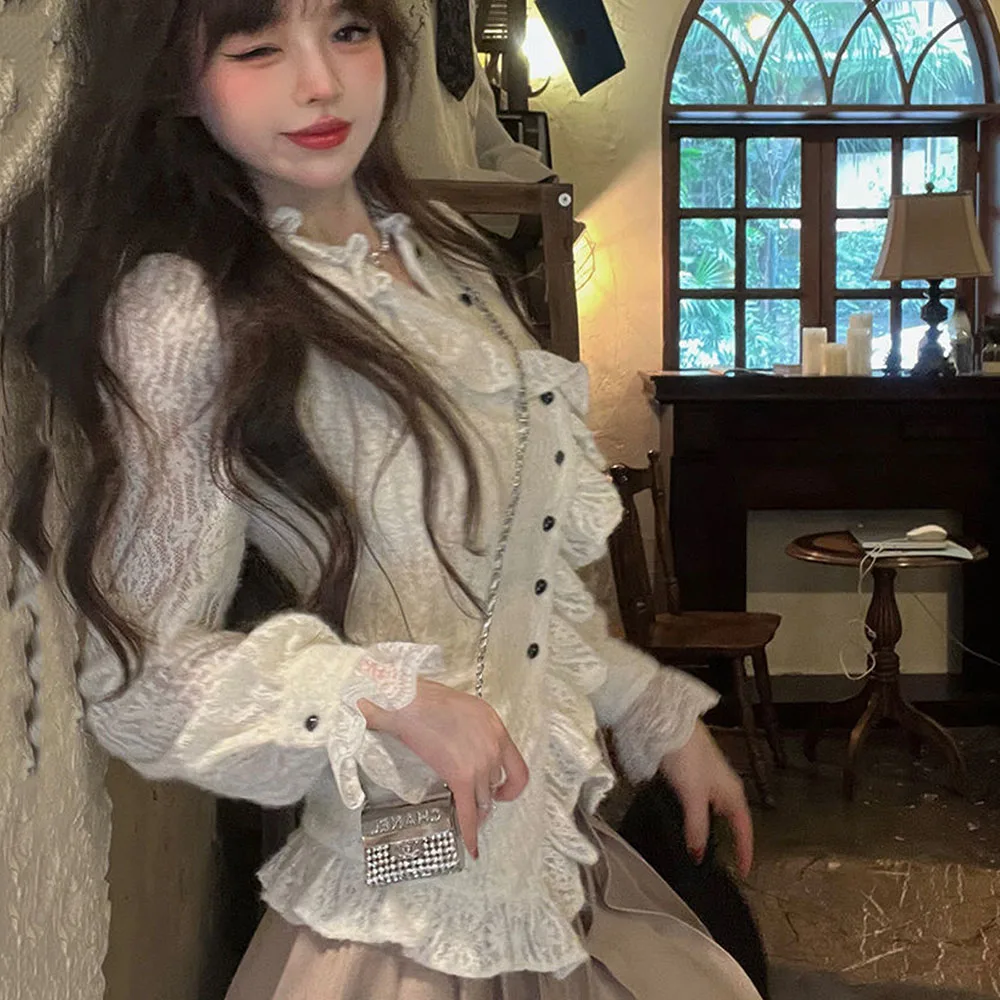 White Ruffle Women Shirts V-neck Long Sleeve Lace Tunic Blouses 2023 Blusas Mujer De Moda Sweet Korean Retro Elegant Blouse Tops