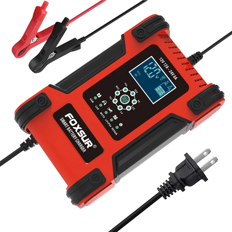 

FOXSUR Automotive Battery Charger 7-STAGE 12V 12A 24V 6A Battery Charger With LCD Display For Car Motorcycle Boat