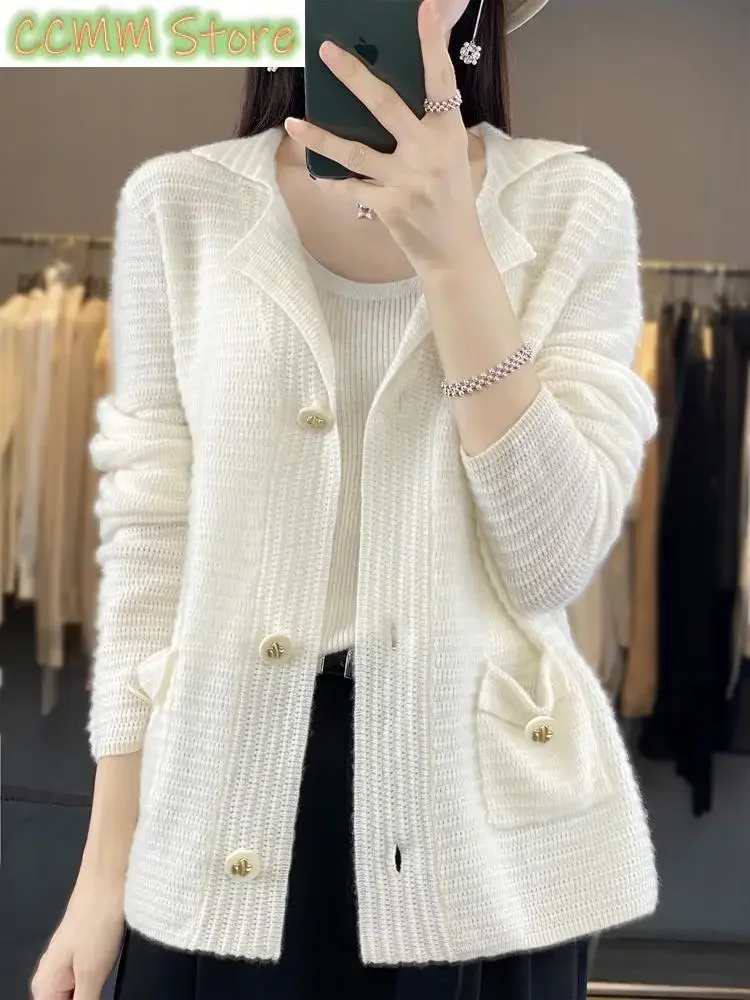 

100% Merino Wool Women Sweater Turn-down Collar Cardigan Spring Autumn Soft Cashmere Knitted Coat Office Lady Grace Clothing