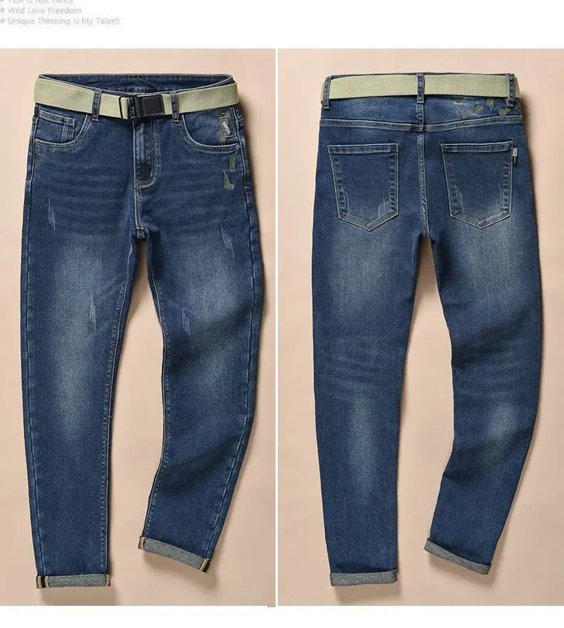 Men's High-Quality Denim Fleece-Lined Jeans Embroidered Pattern Slim Tapered Pants Vintage Classic Style