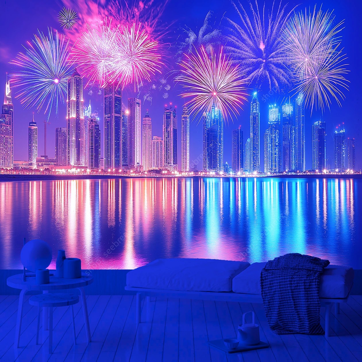 UV Reactive Tapestry The Night View of New York City Bay Port and Skyscrapers Tapestry for Aesthetic Room Decor Gift for Friends