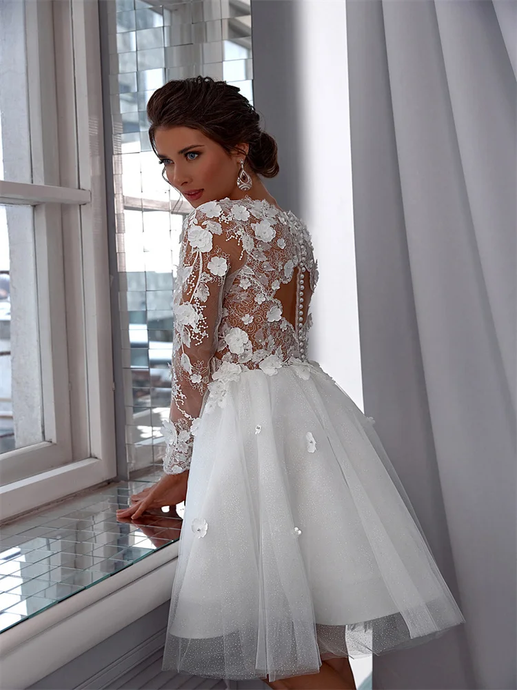 Boho Customized  V-neck Wedding Dresses 3D Flowers Long Sleeves Tulle A-Line Mini Bridal Gown Elegant Zipper Back Gown For Bride