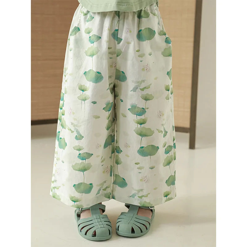 Girl's Lotus Leaf Print Set 2024 Spring New Children's Doll Shirt T-shirt Baby Casual Pants