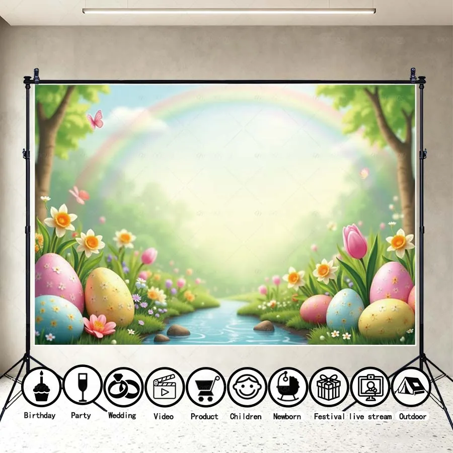 

MOON.QG Easter Decor Photo Background Hanging Eggs White Picket Fence Wreath Backdrop Children Accessories Photozone Photobooth