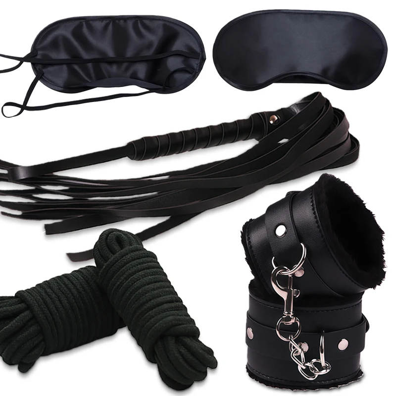Juego de productos para adultos, esposas de felpa de cuero sexis, venda para los ojos, látigos suaves para atar, cuerda de algodón, juegos para parejas, equipo de Bondage