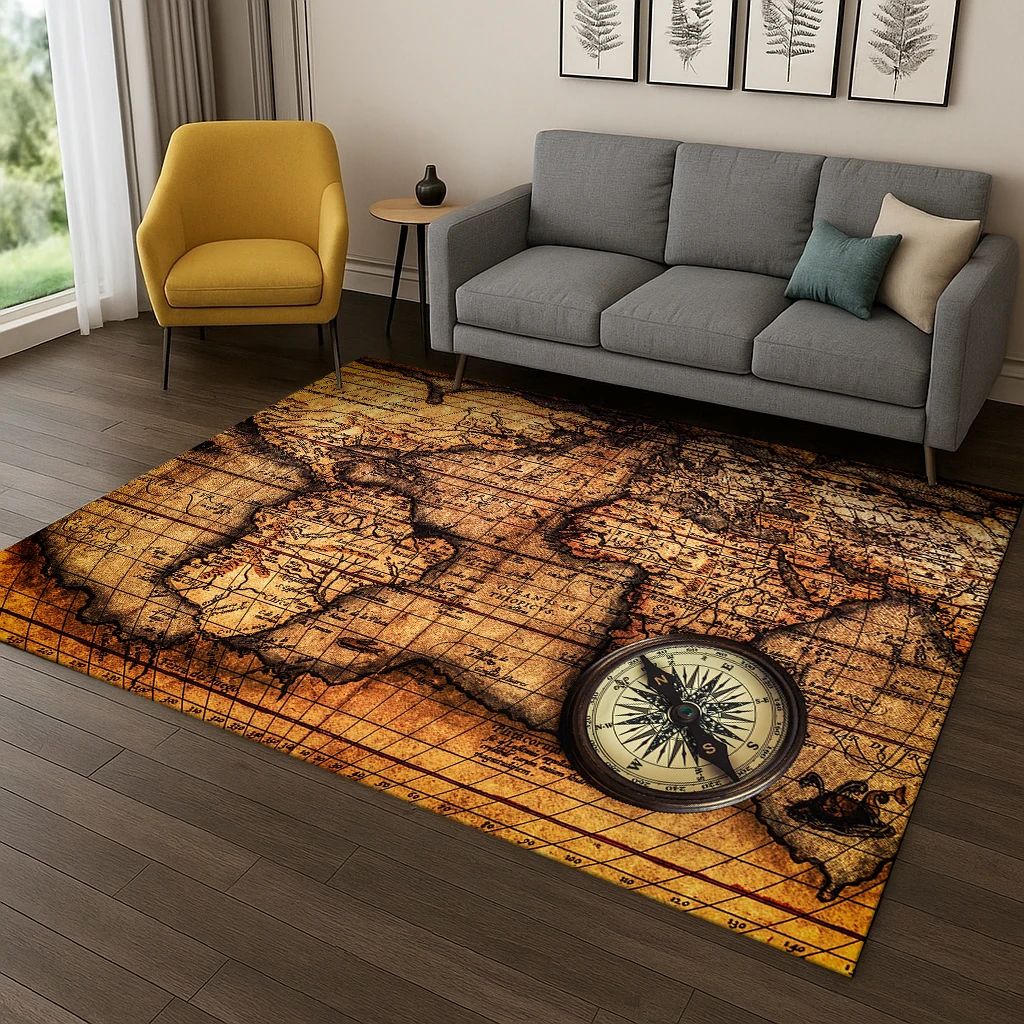 Retro-Navigationskarte, Kompass, Teppich, Teppich für Schlafzimmer, Wohnzimmer, Sofa, Zuhause, Fußmatte, Küche, Dekor, Kinderspielbereich, rutschfeste Matte
