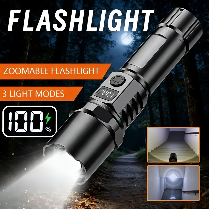 10000LM High Power LED Flashlight Long-range USB C Rechargeable Flashlight Power Display Zoom Lantern For Outdoor Camping Torch