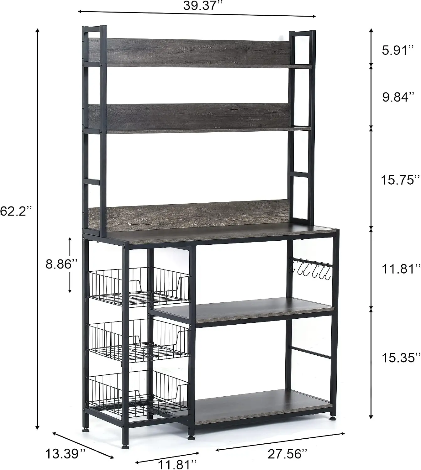 5 Tier Kitchen Utility Storage Shelf Free Standing Bakers Rack Microwave Oven Stand Baskets Hooks Grey