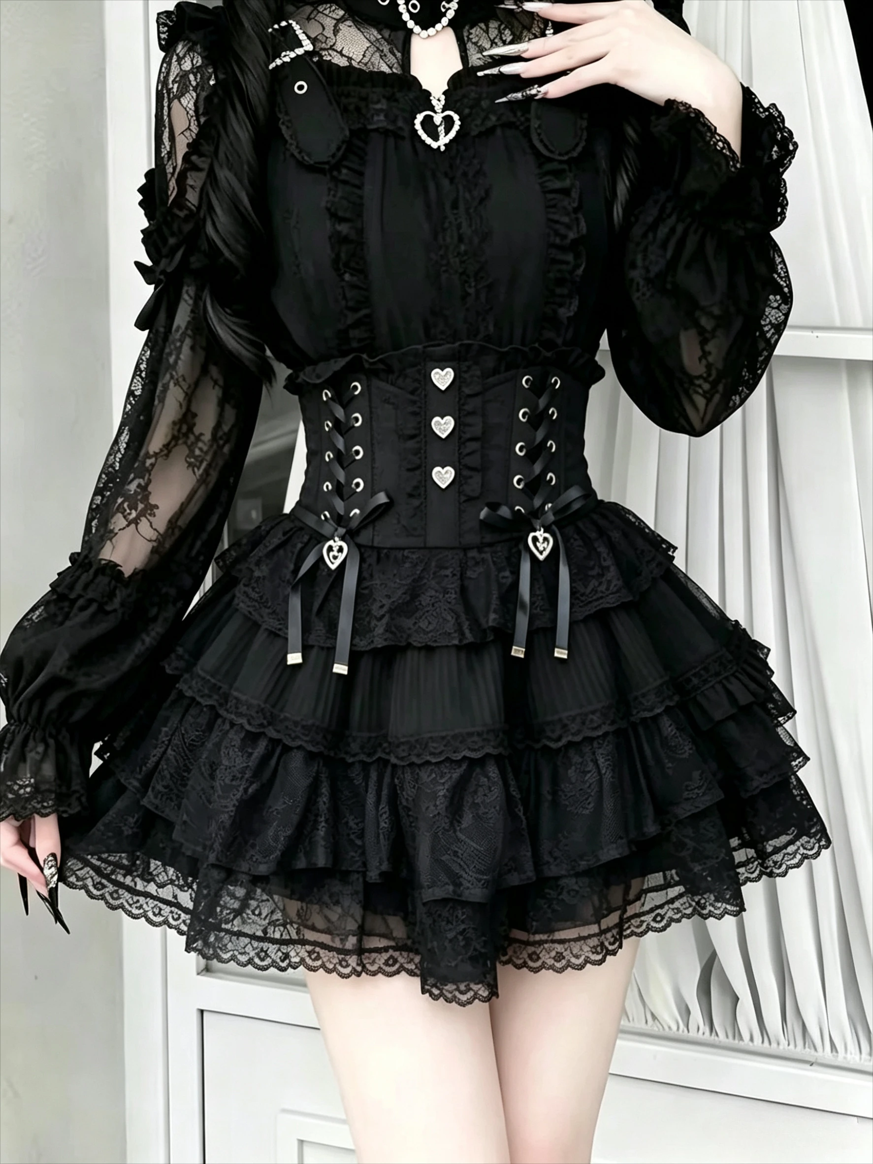 Y2K Gothic Women Mini Skirt Sweet Japanese Lolita Cake Skirt Lace Bandage Metal Buckle Short Skirt For Party Club Street