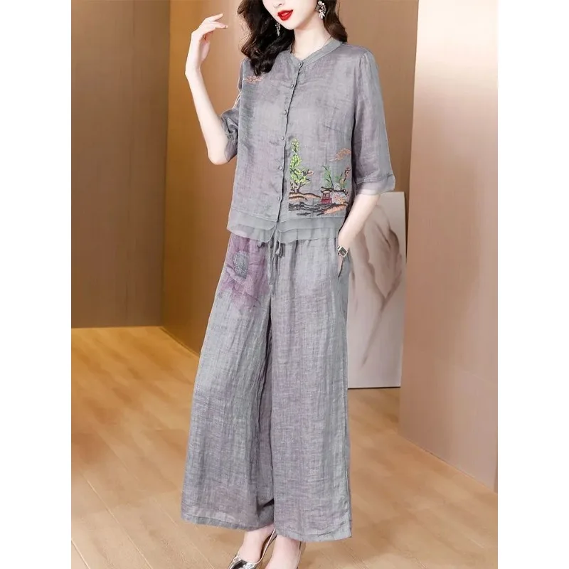 

Tencel Cotton and Linen Suit Woman Summer New Style Chinese Style Two Pieces of Wide-leg Pants Two Piece Sets Womens Outifits