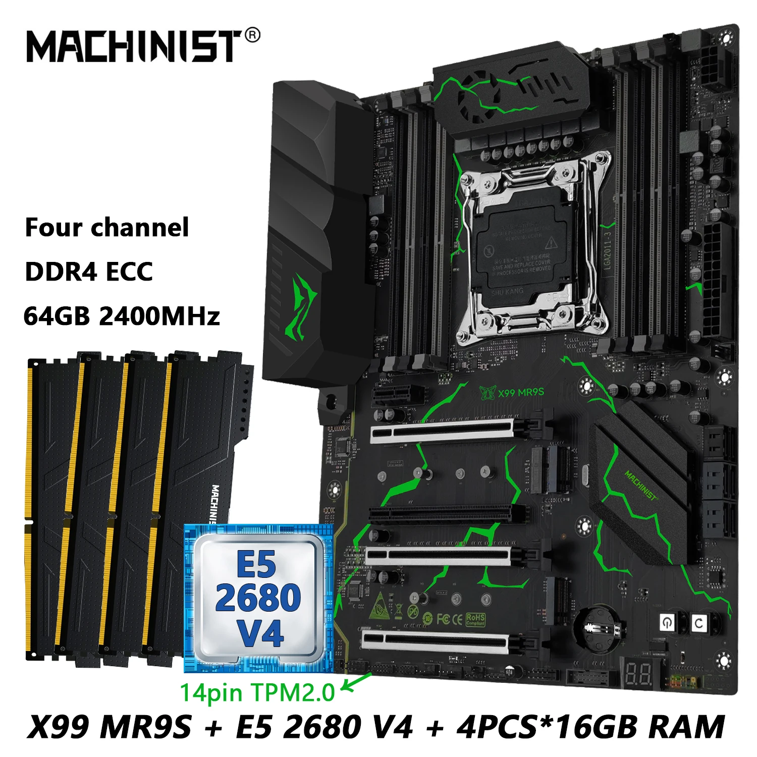 

MACHINIST MR9S X99 Motherboard Combo With Xeon E5 2680 V4 CPU LGA 2011-3 and DDR4 64GB RAM Kit Four Channel Memory tpm2.0 port