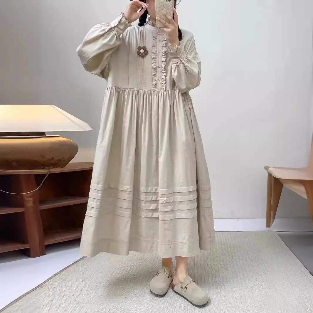 [Gotowy towar] Wysokiej jakości damska bluzka/koszula ze 100% bawełny, koronkowa stójka, długi rękaw, bawełniana, miękka, wygodna długa sukienka