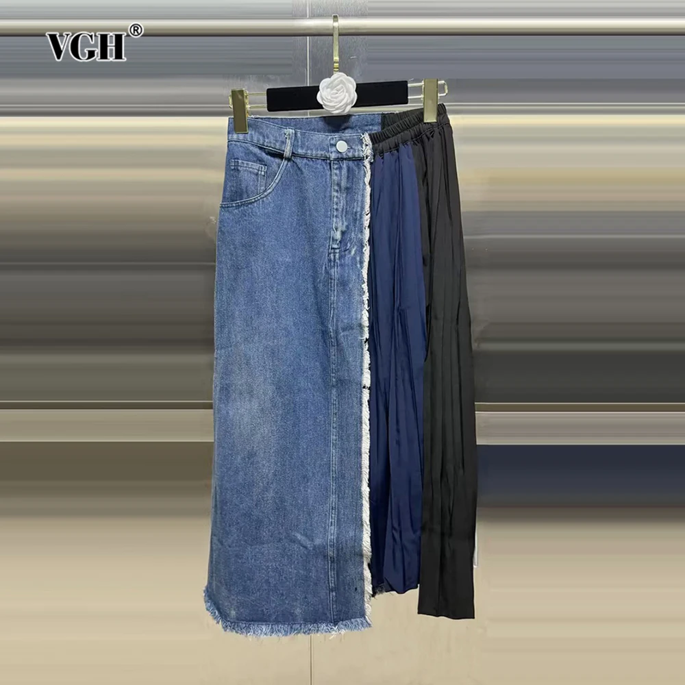 

VGH Hit Color Patchwork Pockets Skirt For Women High Waist Spliced Button Folds Casual Irregular Long Skirts Female Fashion New
