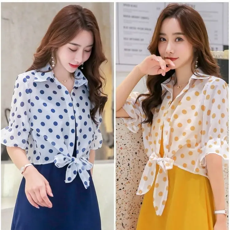 Women' Shirt Summer 2024 Summer Dot Print Cardigan Short Chiffon Sunscreen Korean Light Casual Coat Cool Top Women Clothing A176