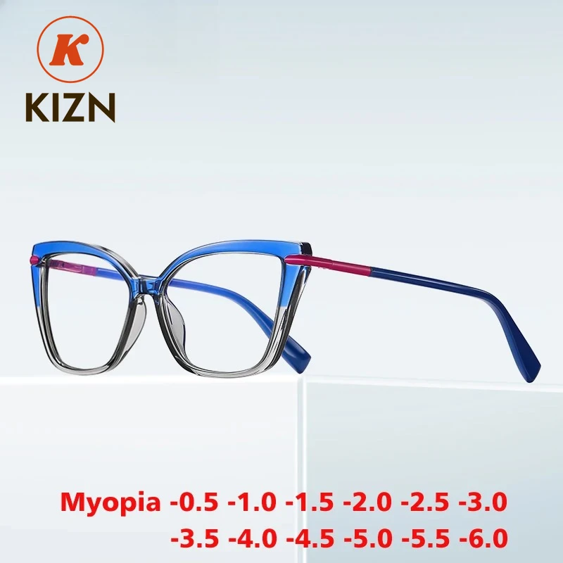 

KIZN Women Cat Eye Myopia Glasses Anti Blue Light Fashion Custom Prescription Optical Eyeawear Discoloration Frame -0.50 to -10