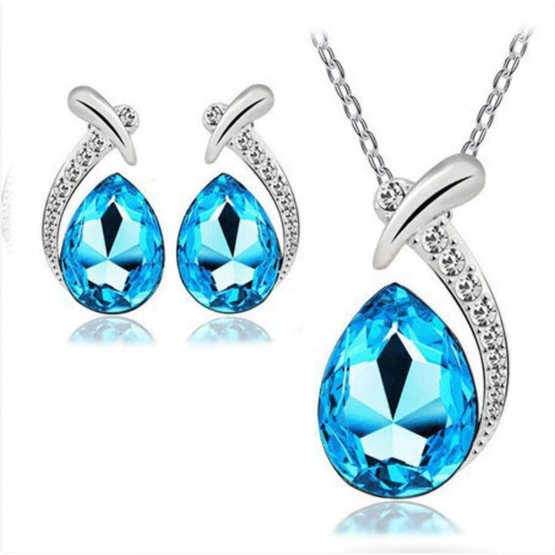 Obega Teardrop Crystal Stone Jewelry Set Necklace Post Earrings Women Fashion Evening Party Accessory Blue Color Crystal Stone