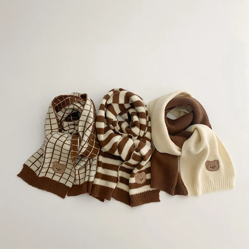 

Embroidery Bow Kids Scarf Boy Girl Winter Warm Neck Cover Solid Color Woolen Knit Neckerchief Bowknot Children Scarves 120cm
