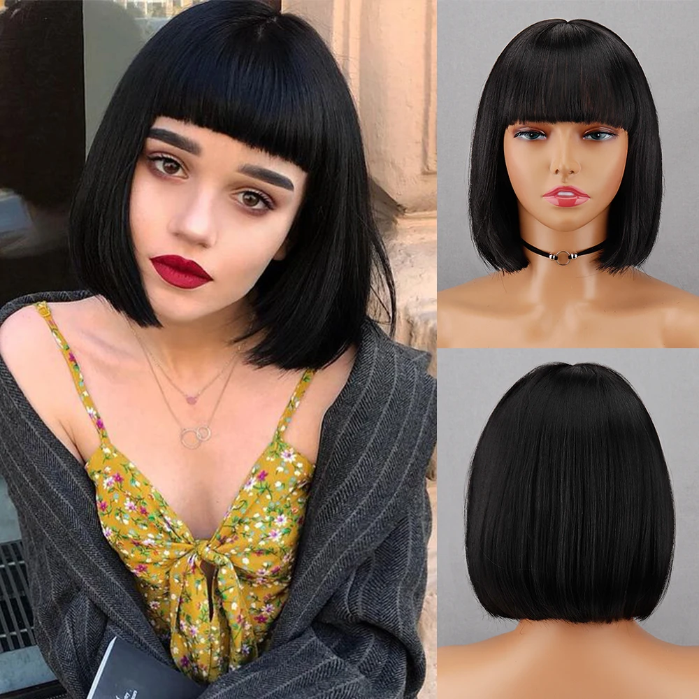 

Short Bob With Bangs Black Synthetic Wig for Woman Natural Heat Resistant Hair Cosplay Lolita Brown Pink Hair