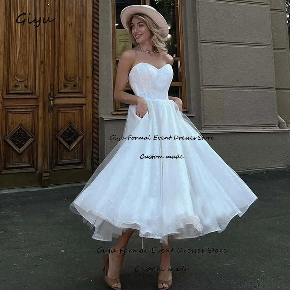 Giyu Simple A-line Wedding Dresses For Woman Shining Sweetheart Collar Tea-Length Evening Gown Dress Birthday Party Dress