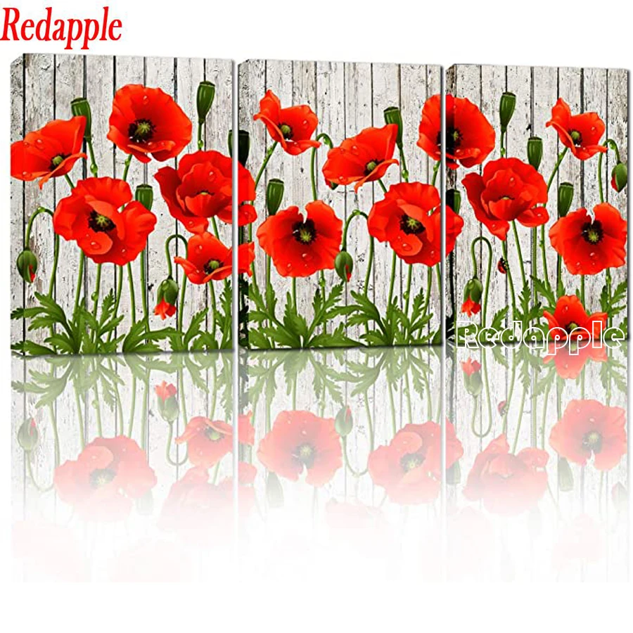 

3 pcs Full Drill Diamond Painting red Poppy Cross Stitch 5D DIY Diamond Embroidery Flower Landscape Triptych Wall Decoration art