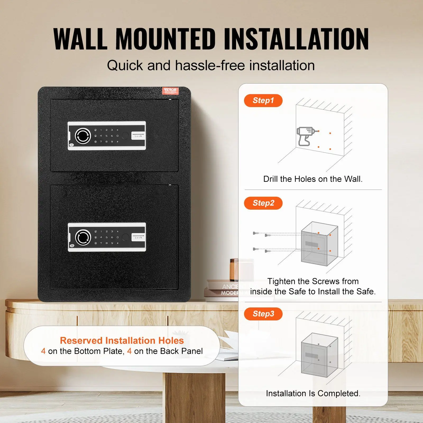 3.5cu.ft High Security Safe with Keypad and Key, LED Interior Light, Impact Detection Alarm, Black