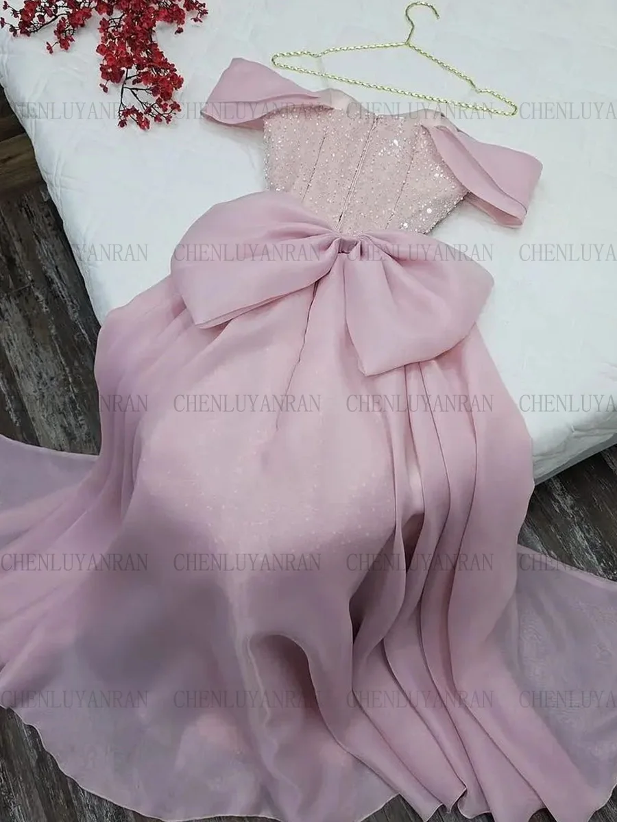 Pink Sequin Formal Occasion Dresses 2024 Off-Shoulder Customized Long Party Dress Organza Bow Mermaid Luxury Evening Gowns