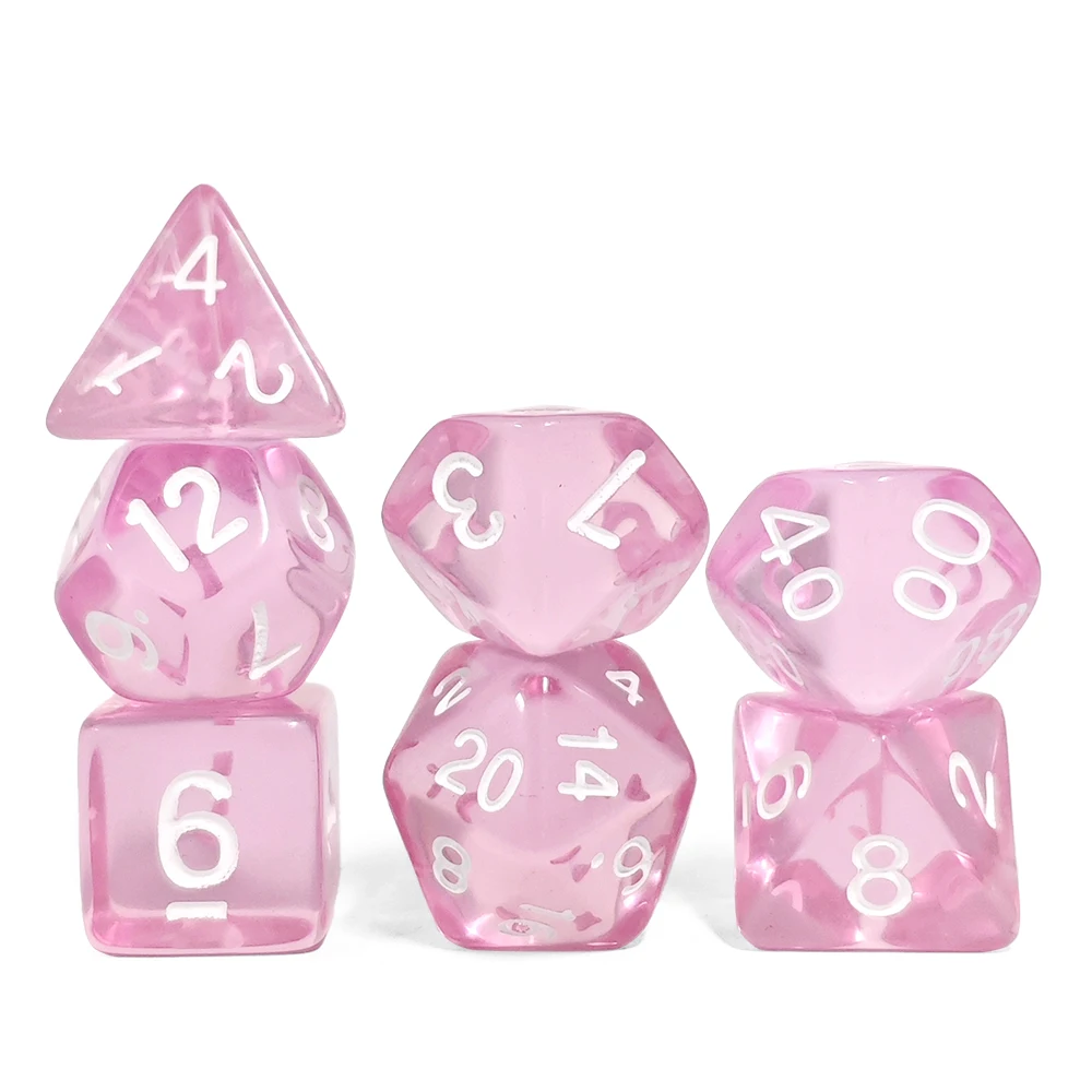 Clear Transparent Pink Polyhedral DND Dice 7PCS White Numeral Full Set D4-D20 for Dungeons & Dragons COC RPG Tabletop Gaming
