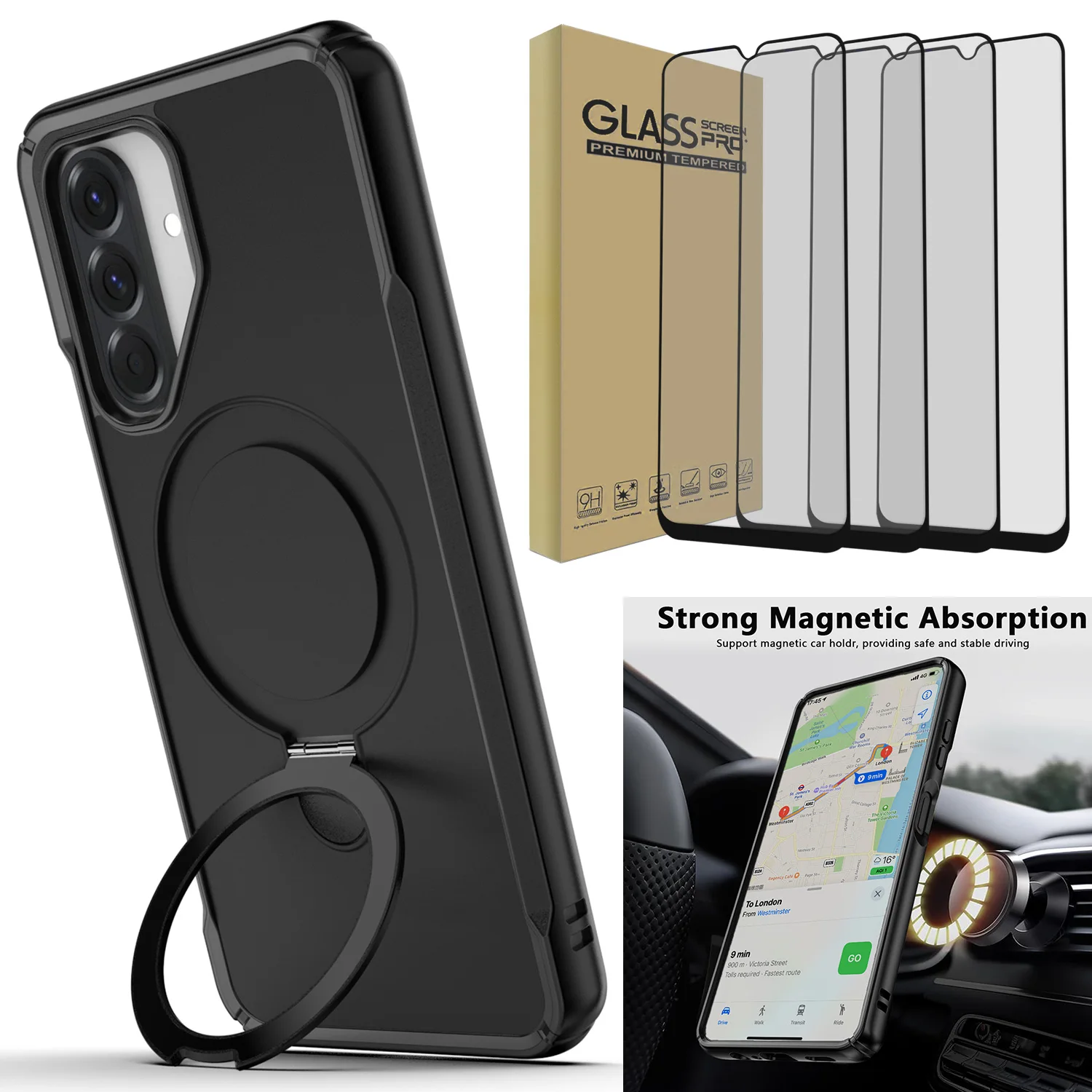 

Черный чехол для Samsung Galaxy A26 5G, магнитное противоударное кольцо, подставка и 4 шт., прозрачное закаленное стекло, защитные пленки для экрана