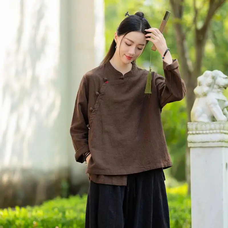Spring New Chinese Style Women Long Sleeve Stand Collar Loose Blouse Tops Vintage Embroidery Single Breasted Cotton Linen Shirt