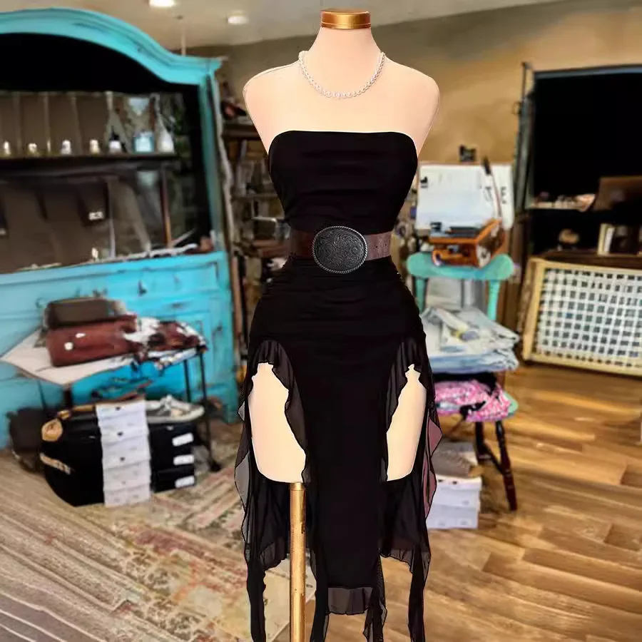 Tubo sem alças vestido longo verão feminino sexy sem mangas sem costas irregular em camadas babados borlas saia moda vestidos finos