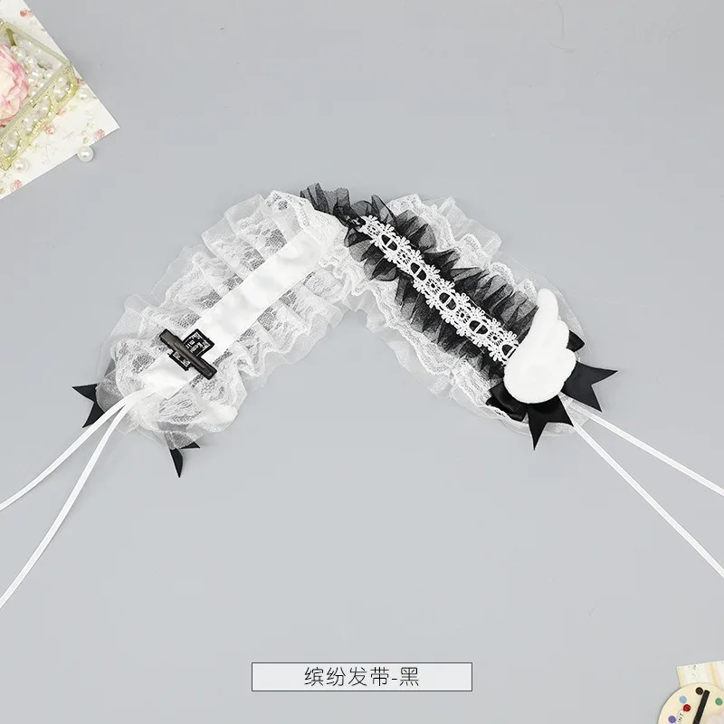 천사의 날개 로리타 스위트 여성 머리띠 대비 색 프릴 레이스 리본 활 헤어 밴드 헤어핀 애니메이션 메이드 머리 장식