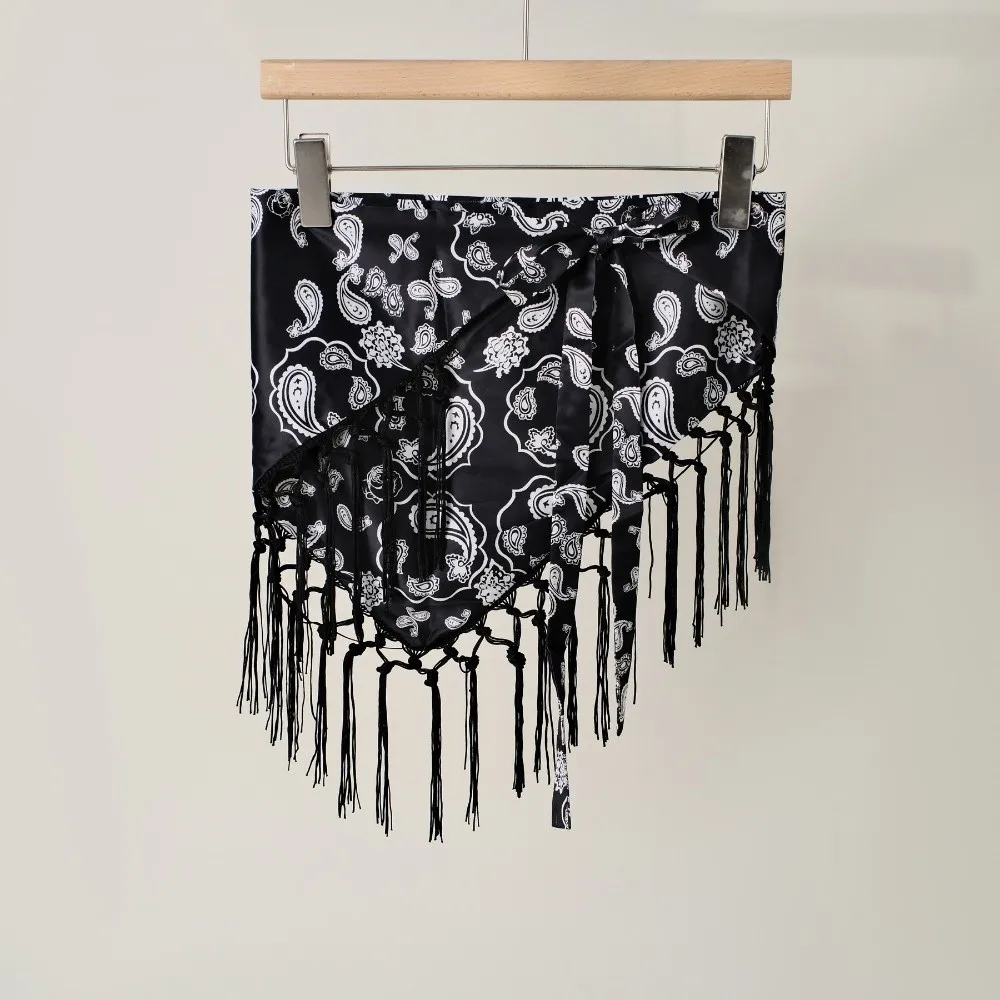 Vintage Paisley Print Hip Scarf Tassel Fringe Floral Bandana Style Waist Wrap Self-tie Fringe Skirt For Women