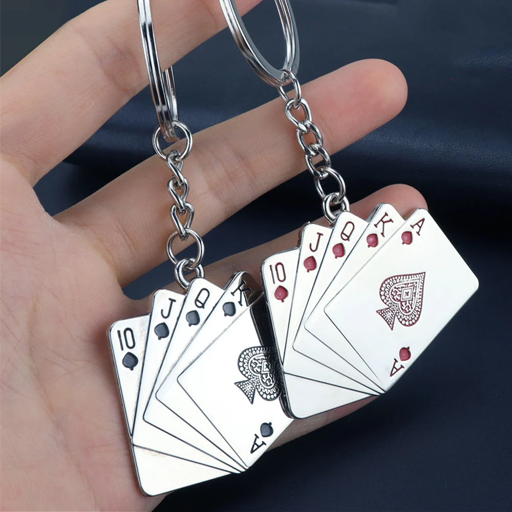 Poker Hand Playing Cards Royal Flush Keyring Cool CarKey Chain For Men Woment Useful Key Accessories