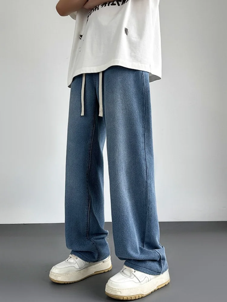 

Retro Men's Summer Thin Denim Jeans Casual Floor-Length Wide Leg Pants Youth Trendy Cotton Polyester Blend Wear Resistant