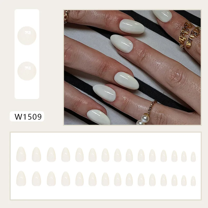 Almond White 24 Pcs Press on Nails Pink Gradient Fake Nails Glossy Artificial Finger Manicure Reusable False Nails for Women