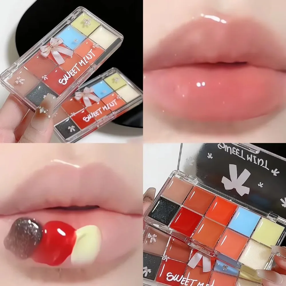 New Jelly Plate 10-Color Lip Red Orange Sexy Plump Lip Oil Balm Makeup Palette Moisturizing Water Glass Mirror Crystal Lip Gloss