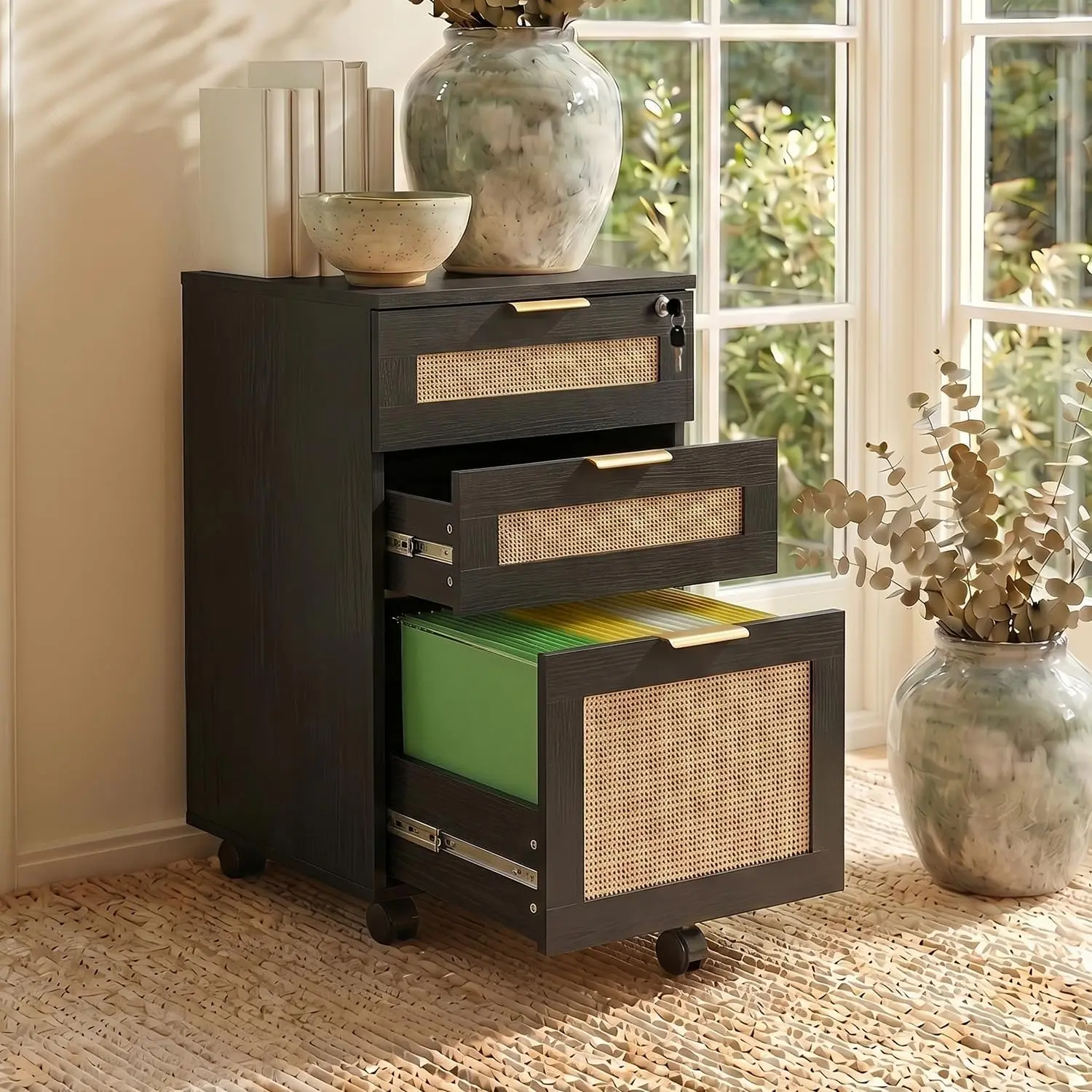 3 Drawer Lateral File Cabinet with Lock, Fits Letter & A4 Size, Under Desk Wood Printer Stand for Home Office, Black, Customized