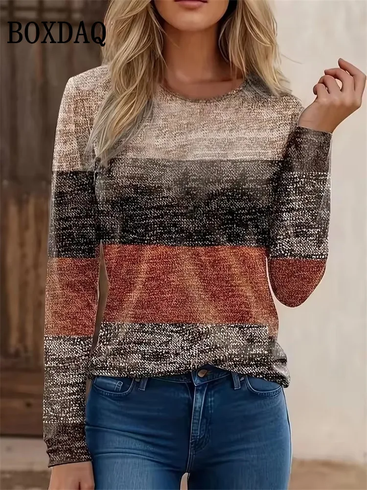 

Women's 3D Striped Printed T-Shirt Fashion Long Sleeve Round Neck Loose Tops Casual Holiday Weekend Spring Autumn Clothes 2025