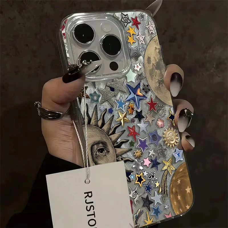 Retro Style Face Sun Stars Cartoon Phone Case for Samsung Galaxy S25 S24 S23 S22 S21 FE Ultra Plus 5G Feather Texture Back Cover