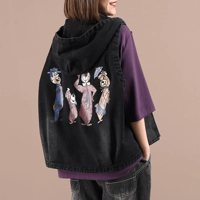 

Повседневный универсальный джинсовый жилет с капюшоном и принтом больших размеров, женский весенний жилет Faion с застежкой на одной пуговице